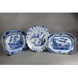 Two 18th century Chinese octagonal tureen stands painted in underglaze blue with pine tree and