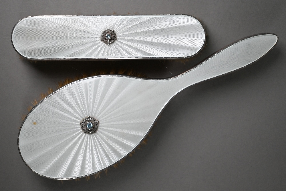 A silver and cream guilloche enamel three piece  silver brush set inset with gemstones and - Image 2 of 5