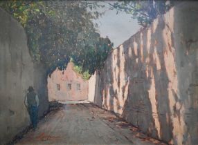 G Lorni? - A continental view of a shady street with figure, oil on board, signed, 23 x 31.5 cm