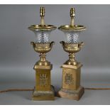 A pair of gilt metal mounted cut glass table lamps, with applied lyre tablets by Tindle Lighting,