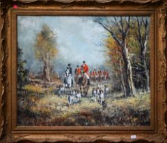 Gerard? - Fox hunting with hounds in a forest clearing, oil on canvas, indistinctly signed, 49 x