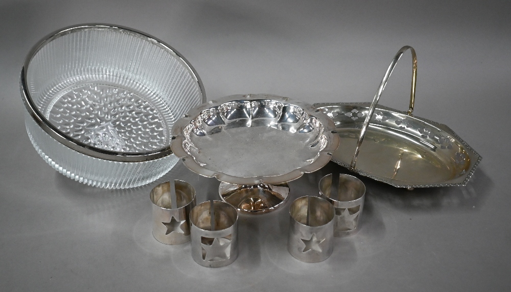 An epns three-piece tea service, a comport, oval tray, sugar scuttle, souvenir spoons, etc. (box) - Image 3 of 5