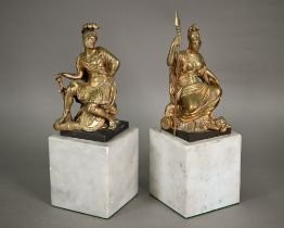 A pair of gilt bronze seated figures of Mars and Britannia, 15 cm high (unsigned), on marble block