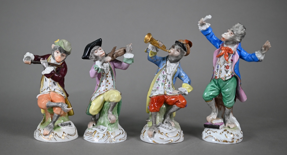 Four Dresden porcelain 'Monkey Band' figures, after Meissen originals, 14-18 cm - Image 2 of 7