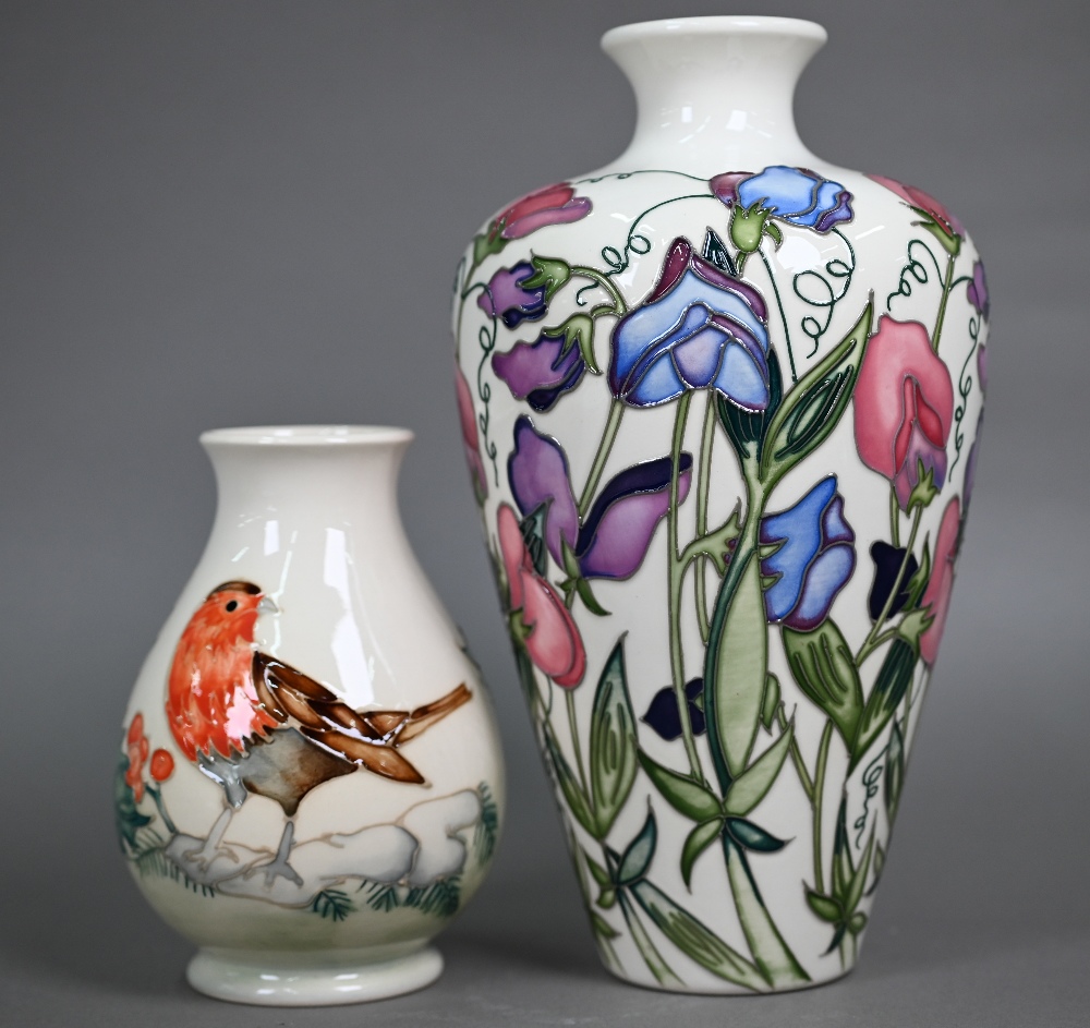 A Moorcroft 'Sweetness' cream-ground vase, 24 cm to/w a smaller vase decorated with a Robin and - Image 2 of 5