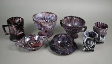 Two Davidson slag glass stemmed bowls, 12 cm diam, a taste-vin and a match-pot (latter repaired),