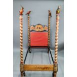 An antique continental (probably Italian) polychrome decorated single four poster bed framed, the