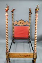 An antique continental (probably Italian) polychrome decorated single four poster bed framed, the