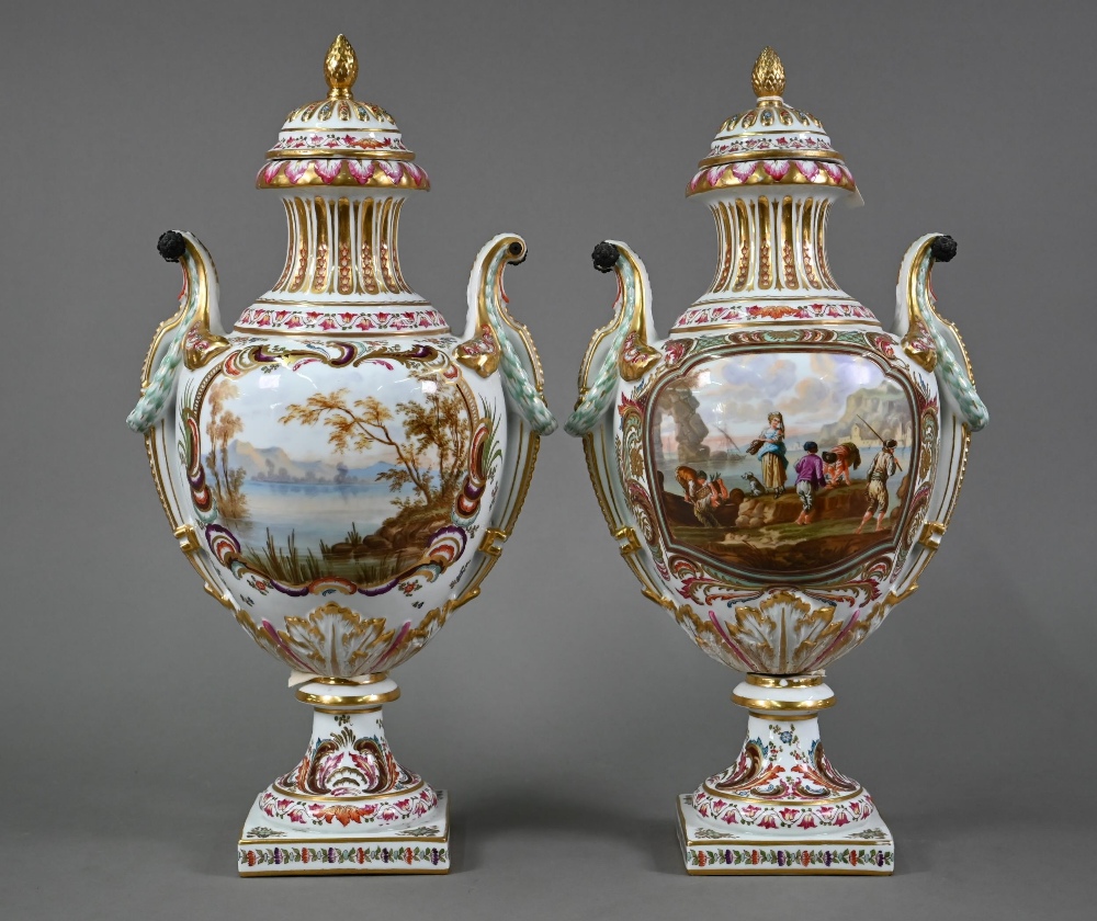 A pair of 19th century French porcelain vases, the domed covers with fir-cone finials, the twin - Image 2 of 10