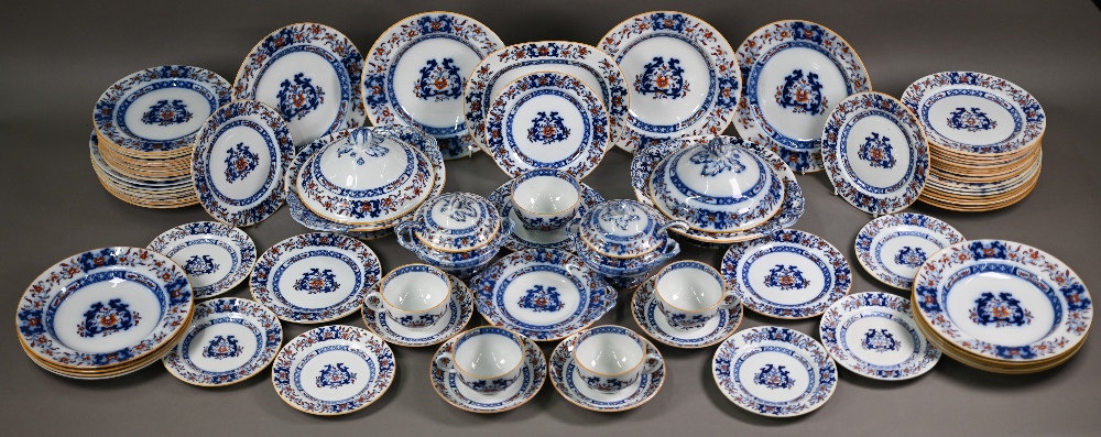 A late Victorian Minton pottery dinner service, printed and painted with blue and iron-red floral - Image 5 of 11