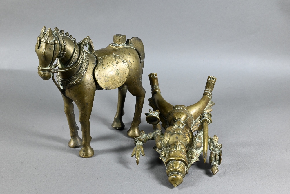 An Indian brass figure of Khandoba (manifestation of Shiva) on the back of his horse, the four-armed - Image 4 of 10