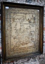 A Georgian silk needlework embroidered map of England and Wales, with Britannia top right; within