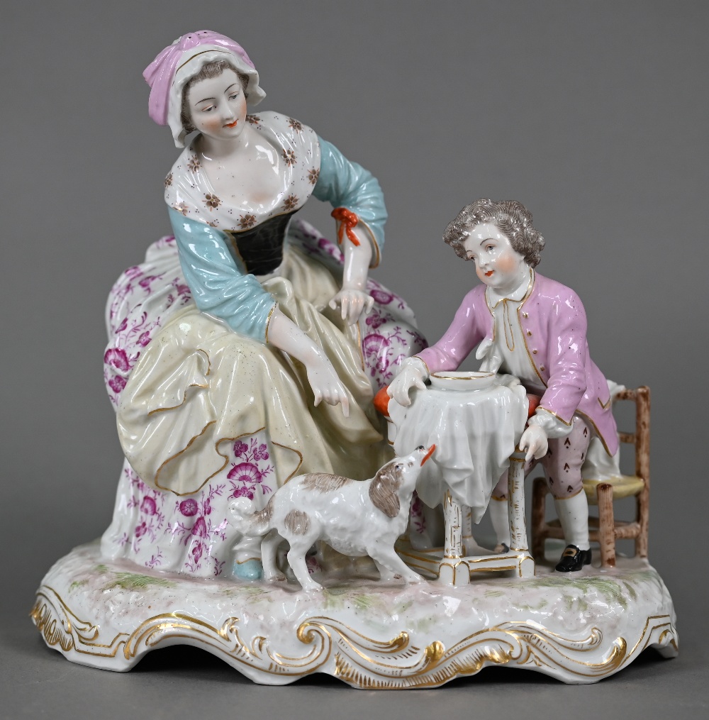 A 19th century porcelain group, 18th century mother and child, the boy feeding scraps to a - Image 3 of 6