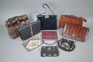 A collection of nine various vintage handbags including Mappin & Webb retailed lizard style, black