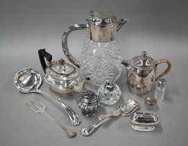 A cut glass punch jug with electroplated collar, cover and handle, to/w a plated on copper