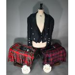 A pair of grey tartan trousers by the Kilt Society, 46R; two tartan kilts, size 46/48 amd 48 and c/w