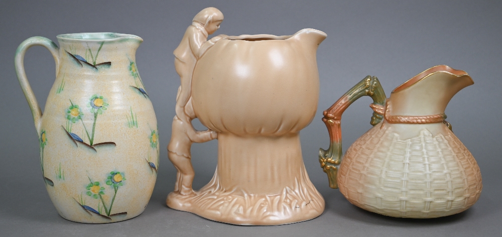 An Edwardian Royal Worcester blush-ground jug moulded with basket-work and mounted with a gilt - Image 3 of 4