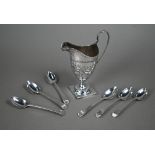 A George III silver cream jug in the Adam taste, with engraved decoration, on stemmed square foot,