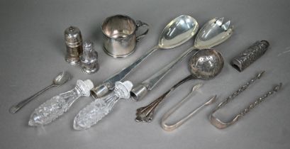 A pair of Asprey silver salad servers (glass handles detached), London 1924, to/w a sifter ladle,