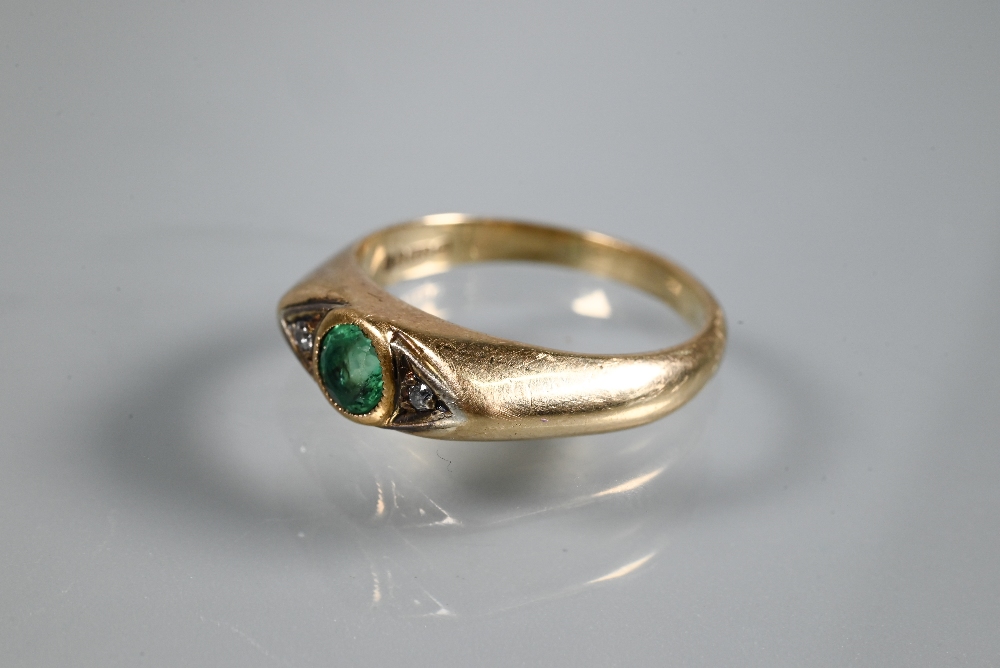 Three rings - a 9ct yellow gold set with circular emerald with diamond either side in rubover - Image 4 of 6