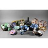 A mixed box of Asian ceramics and collectables including a pair of 18th century Chinese famille rose