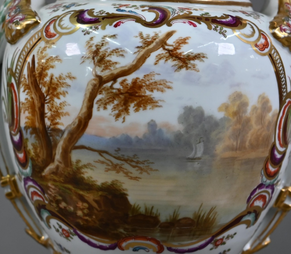 A pair of 19th century French porcelain vases, the domed covers with fir-cone finials, the twin - Image 6 of 10