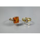 Two rings - rectangular citrine set yellow metal stamped 10k, size L and a Victorian turquoise