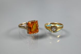 Two rings - rectangular citrine set yellow metal stamped 10k, size L and a Victorian turquoise