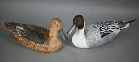 Two 20th century painted wood duck decoys, inscribed 'By Stiles '76', 43/38 cm (one with