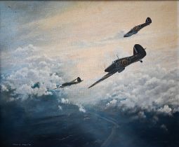 John D Jones - 'No Escape, Hurricanes 213 Squadron', oil on board, signed and dated '78 lower