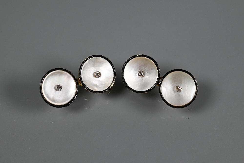 A cased pair of 18ct yellow gold chain-linked cufflinks set mother of pearl with enamel border and - Image 2 of 4