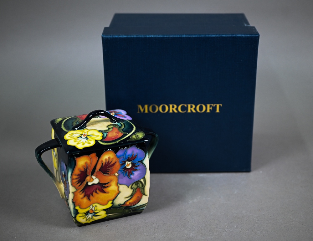 A boxed Moorcroft 'Tangerine Pansy' two-handled box and cover, ltd ed 50/150, by Emma Bossons, 14.