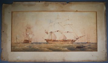 19th century English school - Frigate in full sail, possibly Amazon or Diana, watercolour, 23 x 49