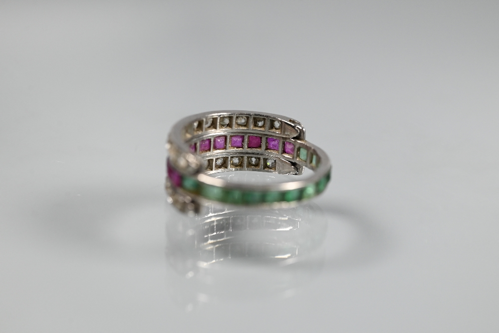 A trio 'Day/Night' ring, white metal set with channel set diamonds, rubies and emeralds, size M - Image 5 of 6