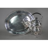 A Mappin & Webb Prince's Plate kettle on stand to/w a Harrods oval platter with gadrooned rim (2)