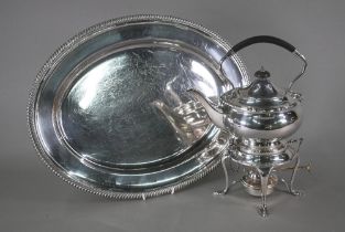 A Mappin & Webb Prince's Plate kettle on stand to/w a Harrods oval platter with gadrooned rim (2)