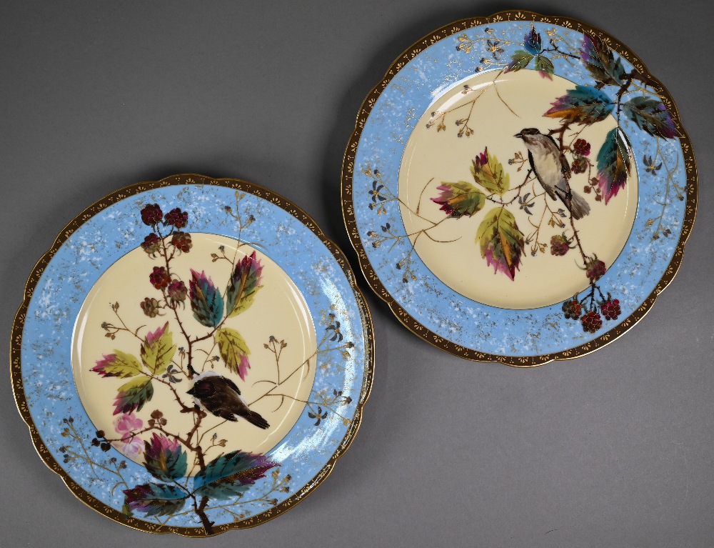 A set of six 19th century Continental china cabinet plates, painted and gilded with hedge sparrows - Image 2 of 7