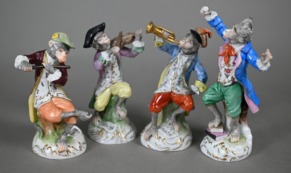 Four Dresden porcelain 'Monkey Band' figures, after Meissen originals, 14-18 cm