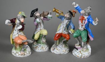Four Dresden porcelain 'Monkey Band' figures, after Meissen originals, 14-18 cm