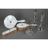 A silver and cream guilloche enamel three piece  silver brush set inset with gemstones and