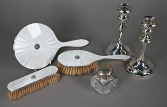 A silver and cream guilloche enamel three piece  silver brush set inset with gemstones and