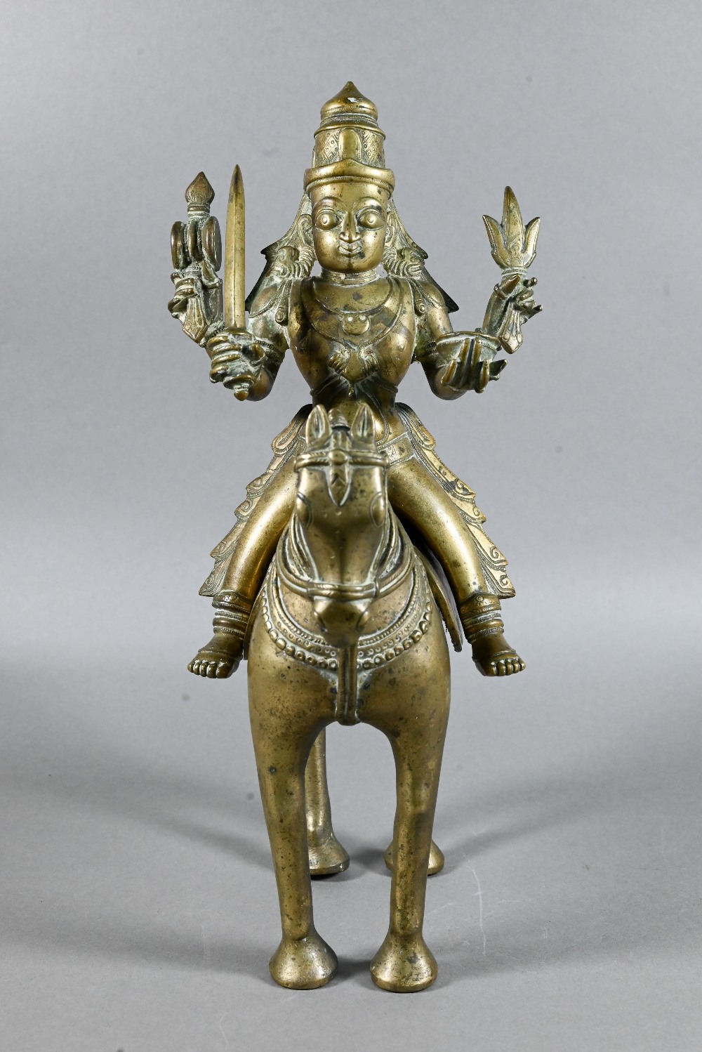 An Indian brass figure of Khandoba (manifestation of Shiva) on the back of his horse, the four-armed - Image 2 of 10