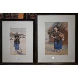 19th century English school - Two studies of fisherwomen, one carrying water urn, one with fishing