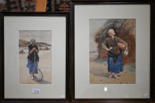 19th century English school - Two studies of fisherwomen, one carrying water urn, one with fishing