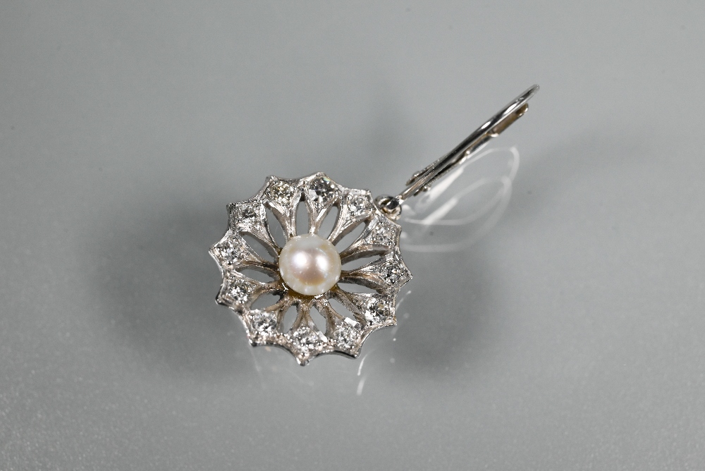 A pair of drop earrings for pierced ears, the open daisy cluster with pearl to the centre and - Image 3 of 4