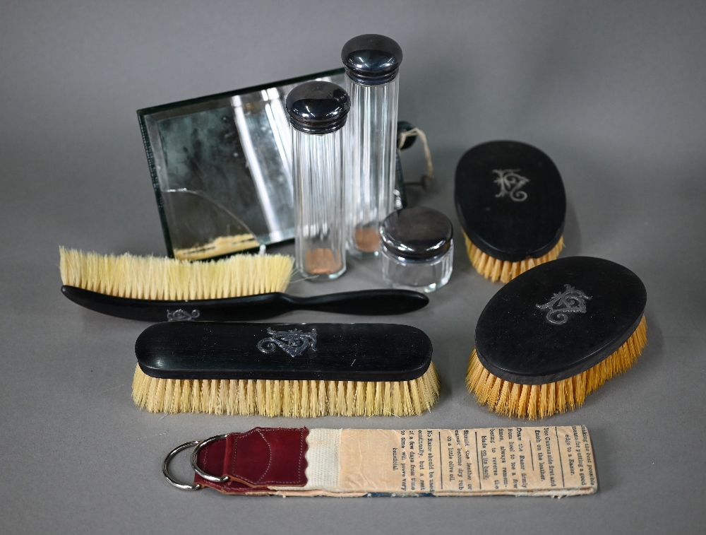 A leather toiletry case, the green Morocco interior fitted with ebony brushes with unmarked silver - Image 3 of 3