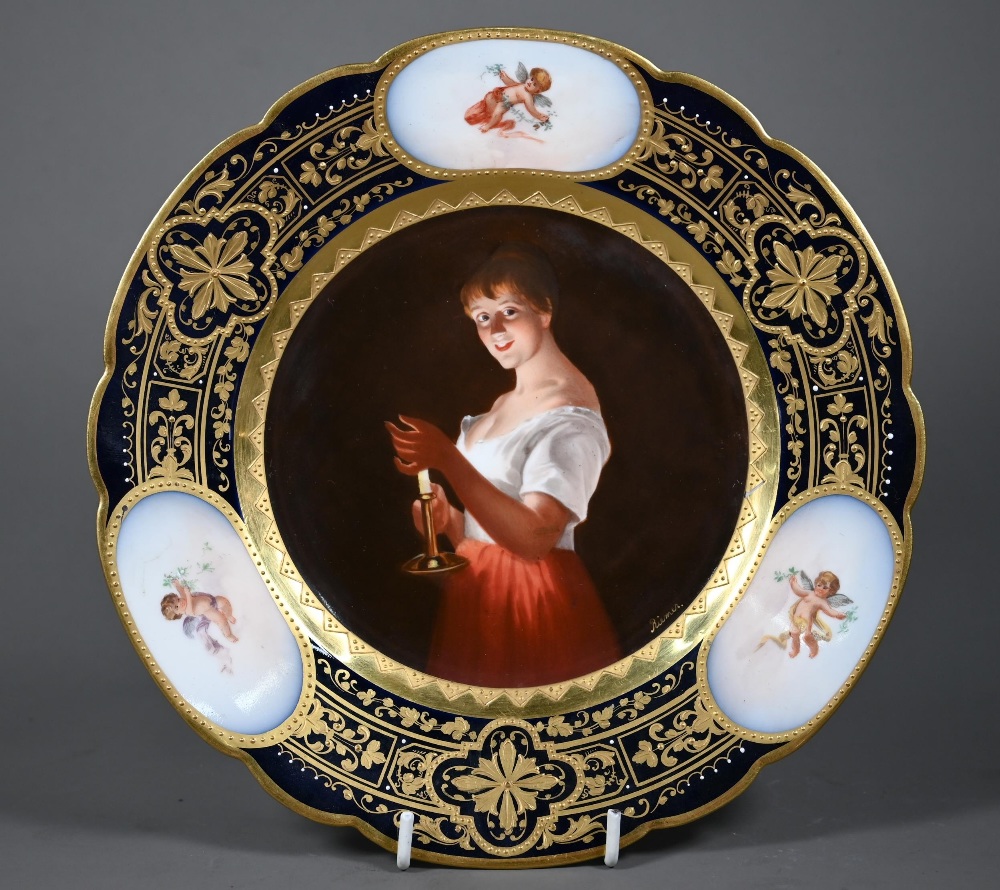 A Vienna porcelain cabinet plate, painted with 'Girl with a Candle' after Georges de la Tour, signed - Image 2 of 6