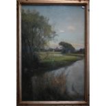 E Stewart Wood - An extensive river landscape with distant church, oil on canvas, signed, 90 x 60 cm