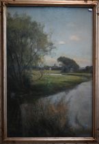 E Stewart Wood - An extensive river landscape with distant church, oil on canvas, signed, 90 x 60 cm