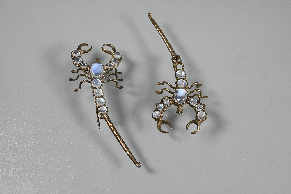 A pair of brooches in the form of moonstone-set scorpions, each with graduated cabochon moonstones - Image 2 of 5